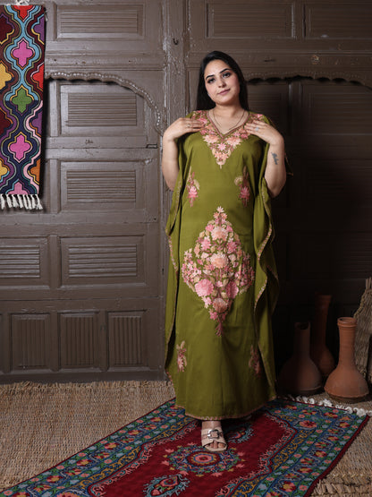 Olive Green Silk Crepe Kaftan with Pink Aari Bouquet