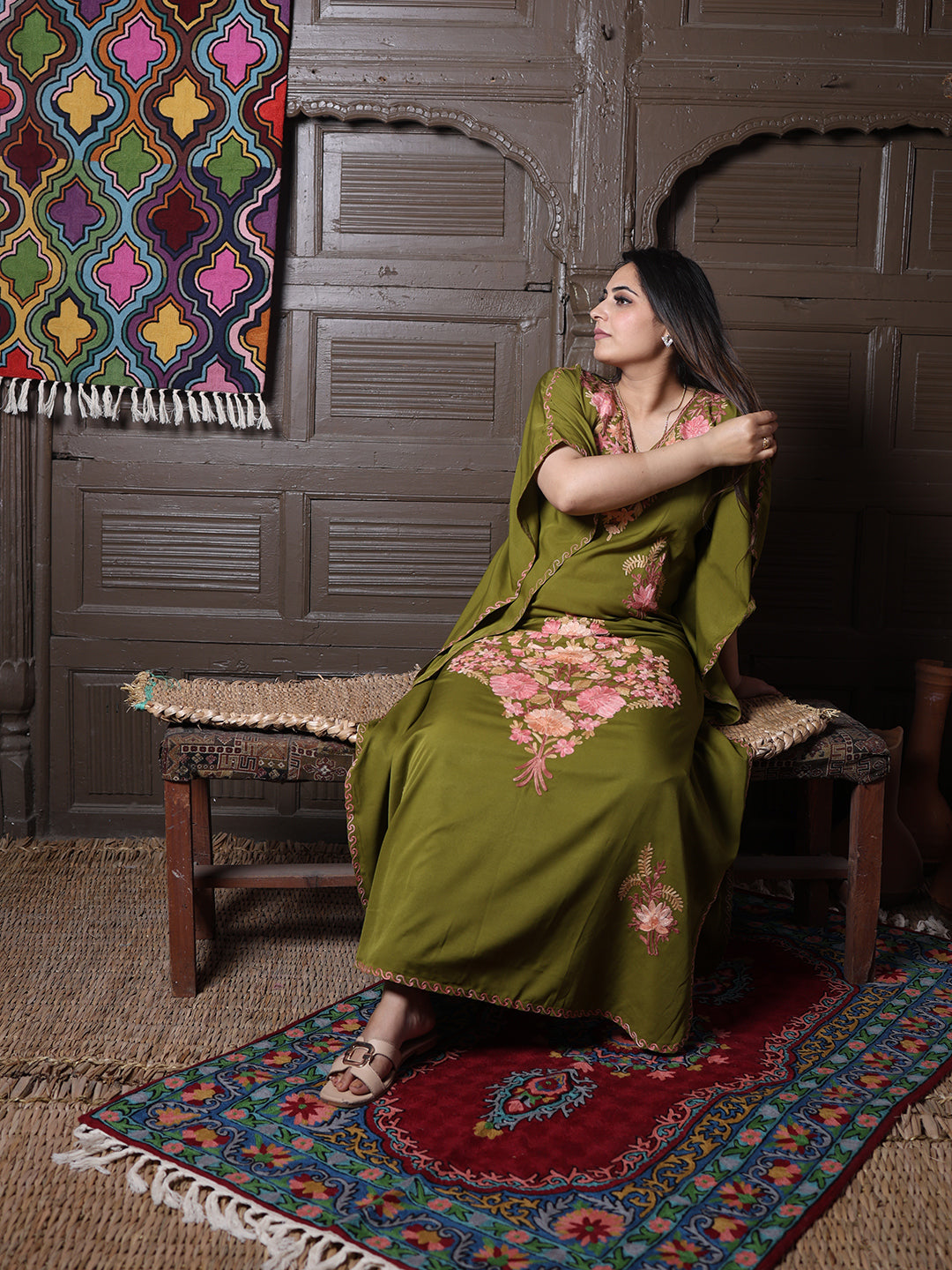 Olive Green Silk Crepe Kaftan with Pink Aari Bouquet