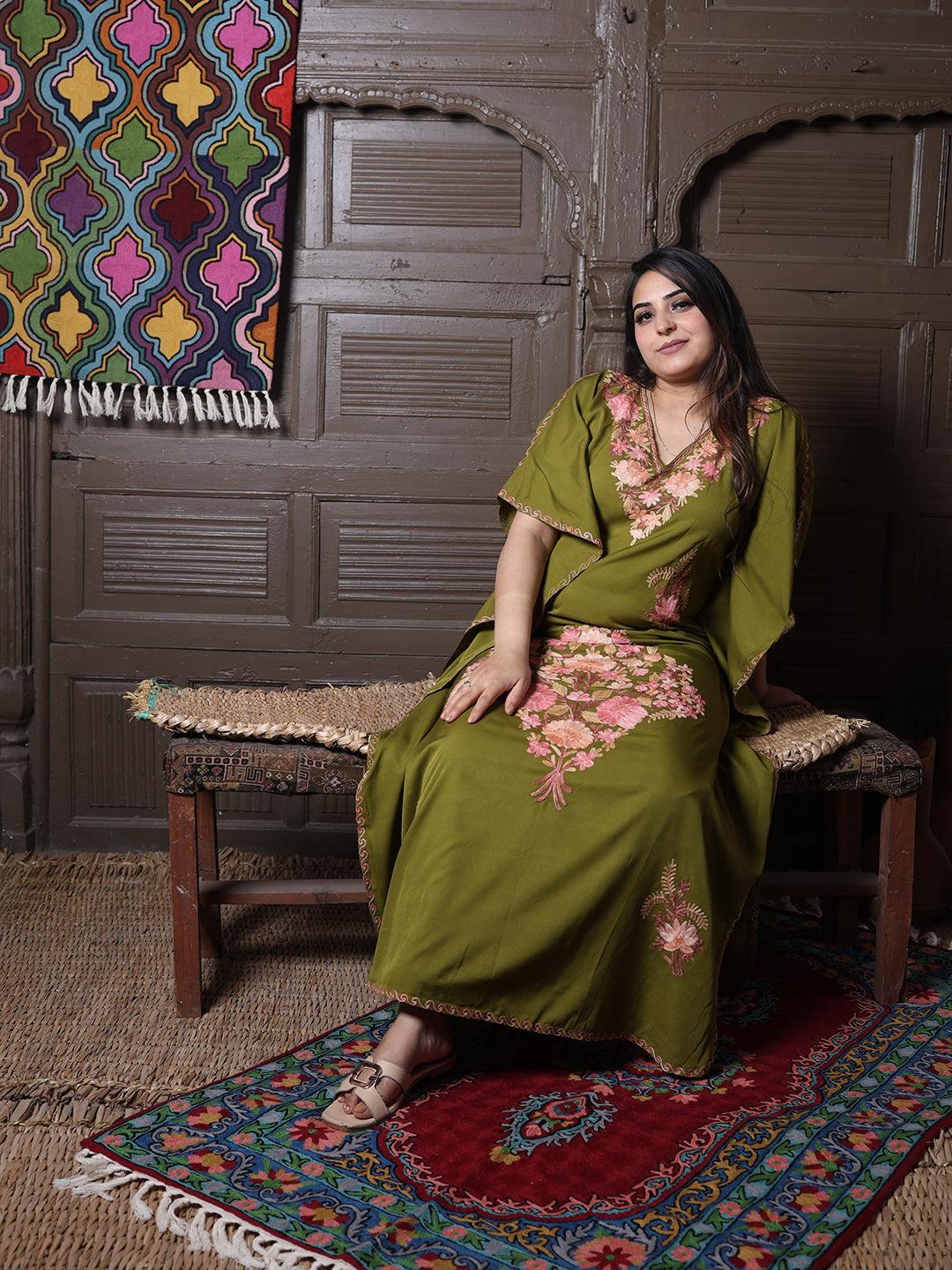 Olive Green Silk Crepe Kaftan with Pink Aari Bouquet