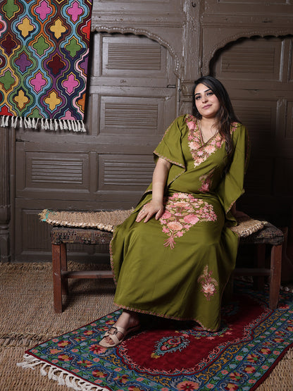 Olive Green Silk Crepe Kaftan with Pink Aari Bouquet