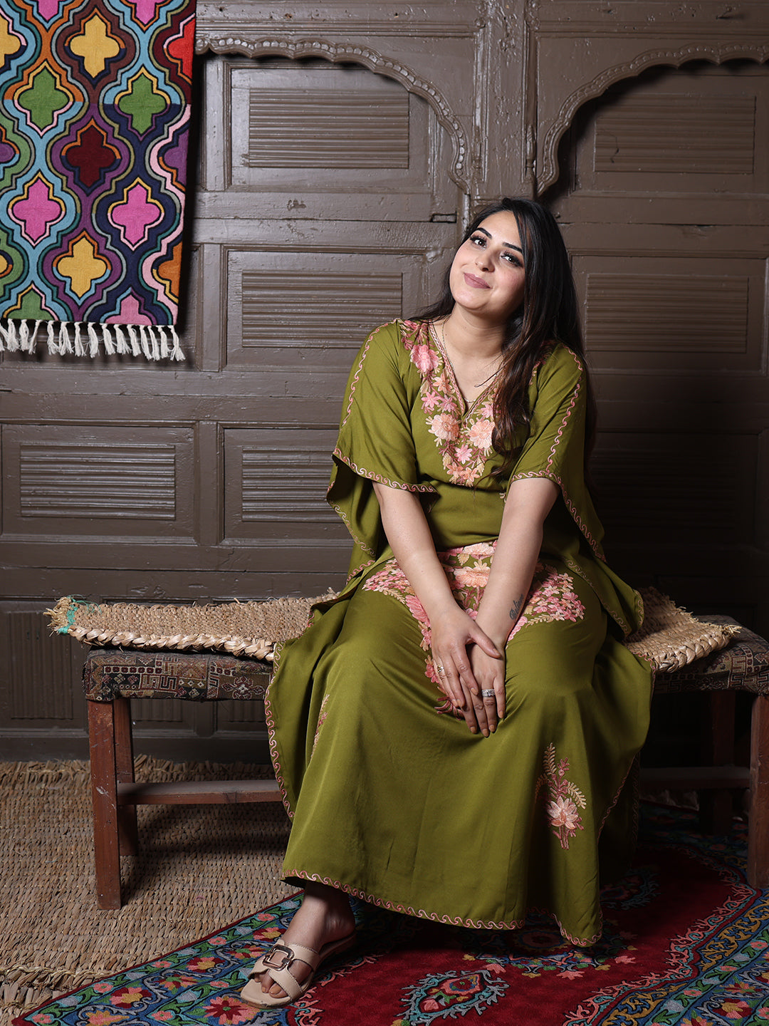 Olive Green Silk Crepe Kaftan with Pink Aari Bouquet