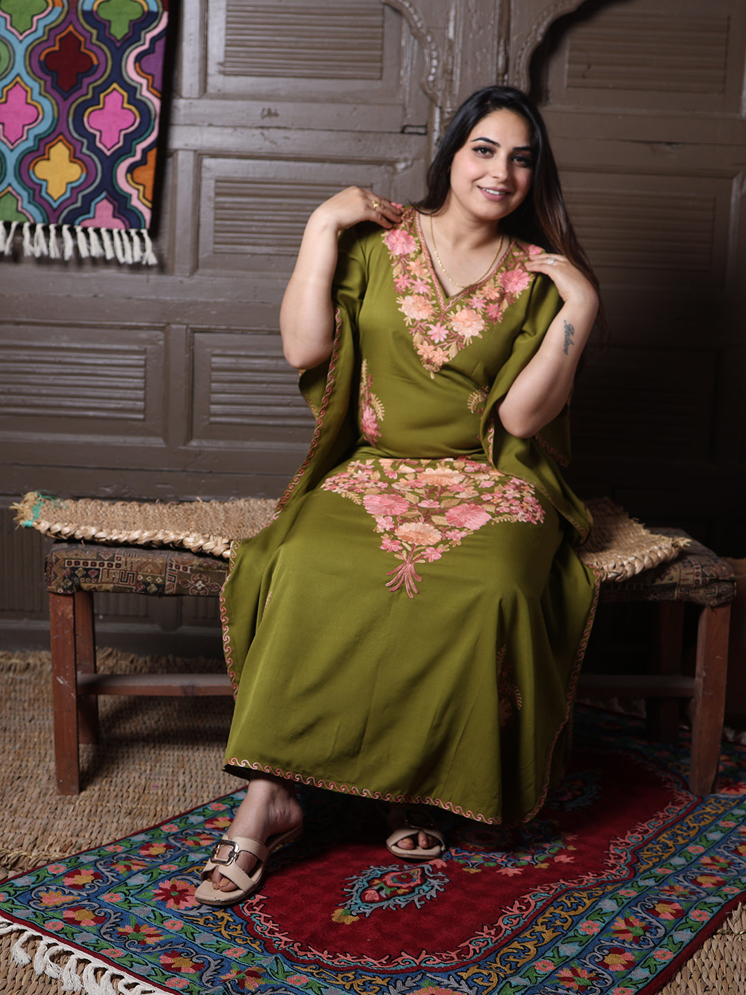 Olive Green Silk Crepe Kaftan with Pink Aari Bouquet