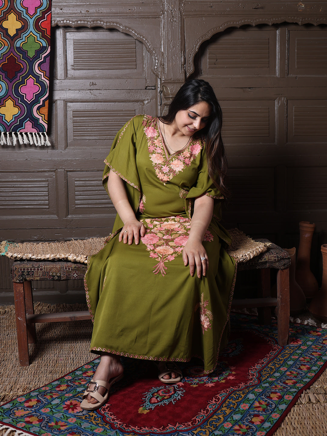 Olive Green Silk Crepe Kaftan with Pink Aari Bouquet