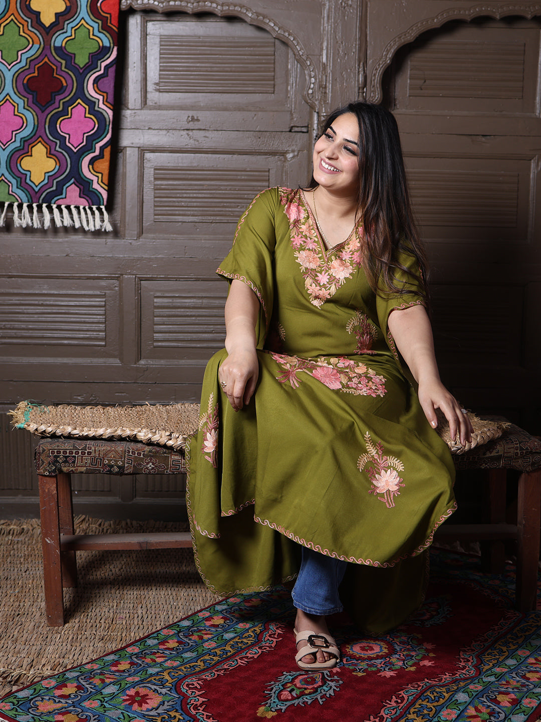 Olive Green Silk Crepe Kaftan with Pink Aari Bouquet