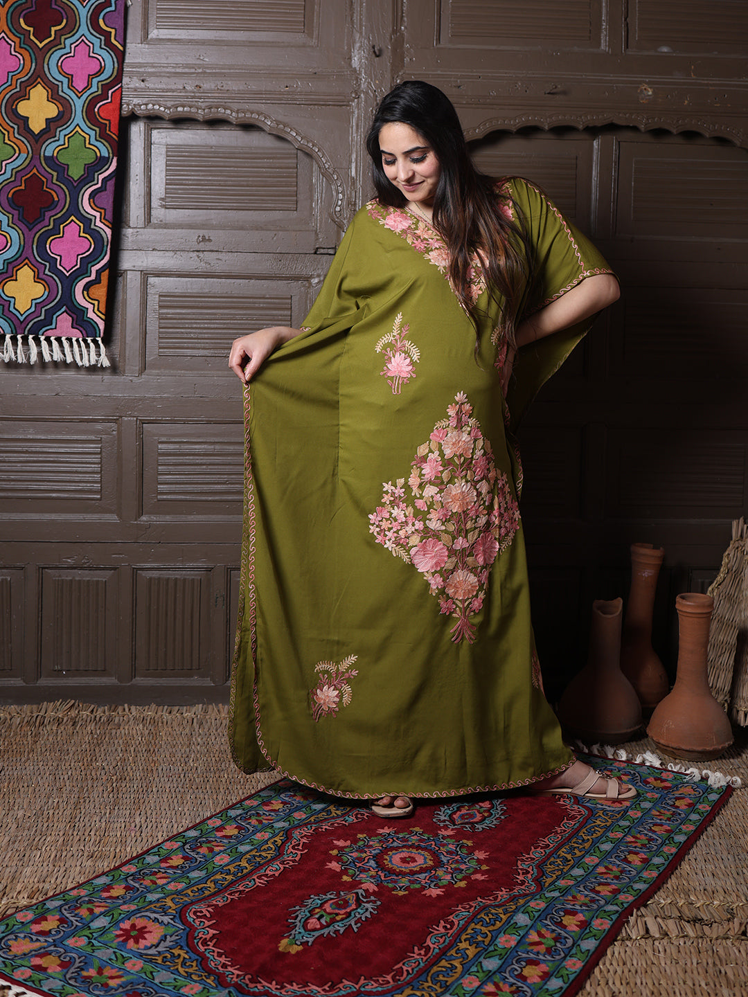 Olive Green Silk Crepe Kaftan with Pink Aari Bouquet