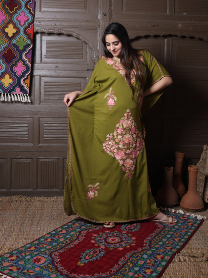 Olive Green Silk Crepe Kaftan with Pink Aari Bouquet