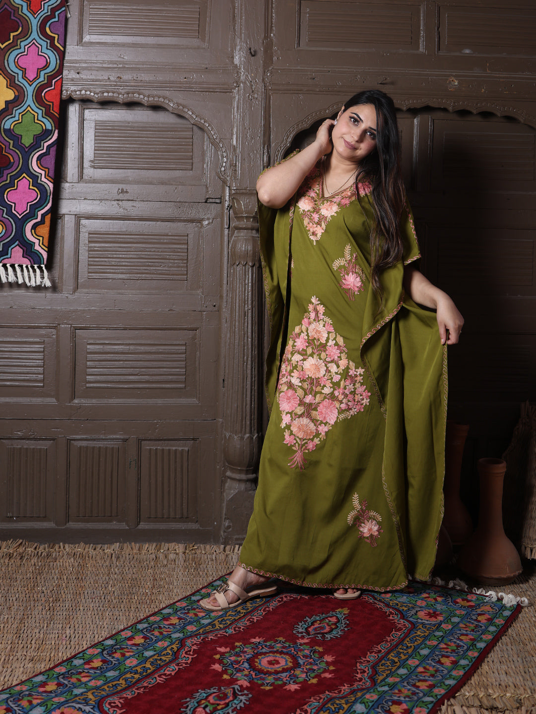 Olive Green Silk Crepe Kaftan with Pink Aari Bouquet
