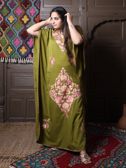 Olive Green Silk Crepe Kaftan with Pink Aari Bouquet