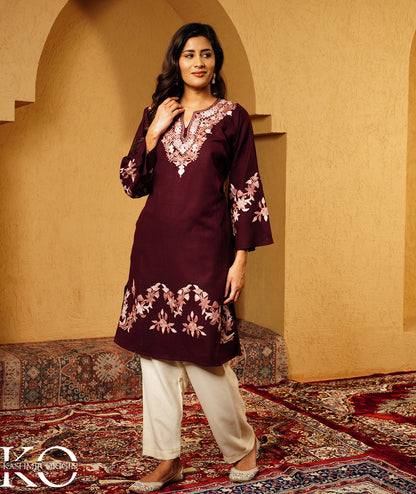 Plum Aari Embroidered Woolen Pheran