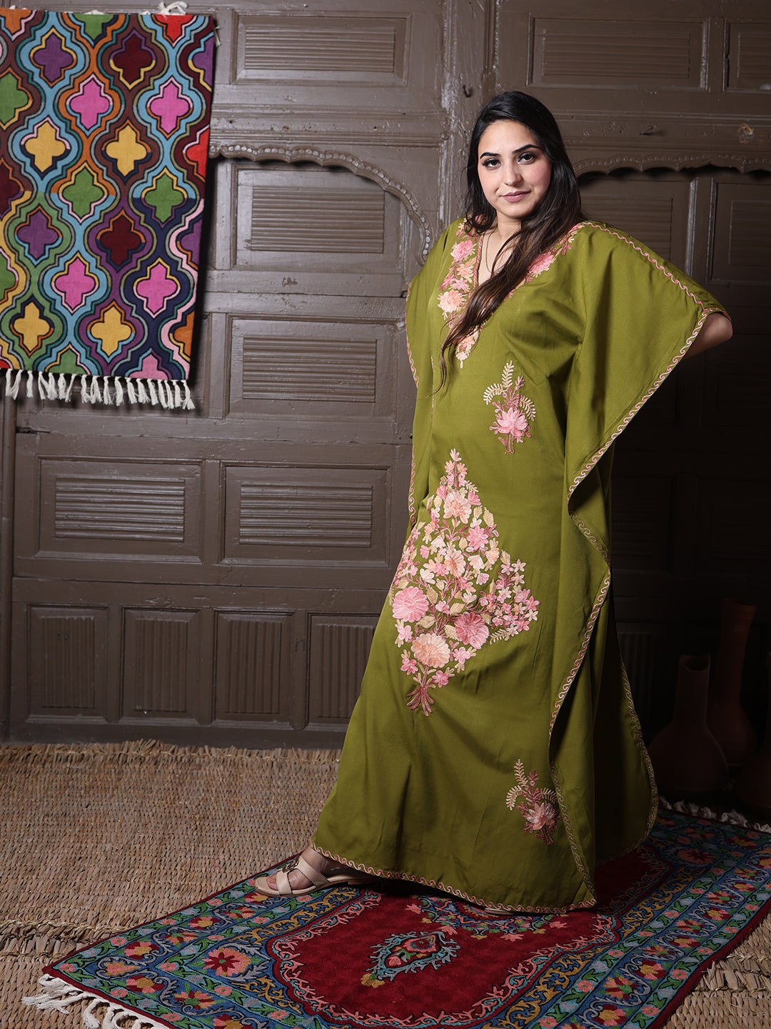 Olive Green Silk Crepe Kaftan with Pink Aari Bouquet