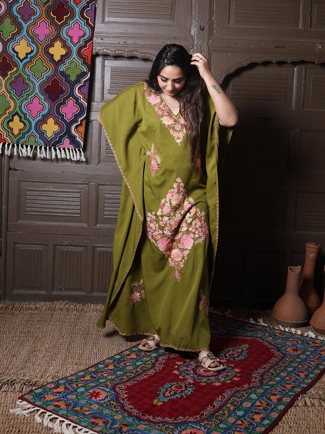 Olive Green Silk Crepe Kaftan with Pink Aari Bouquet
