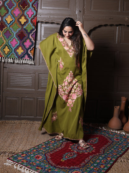 Olive Green Silk Crepe Kaftan with Pink Aari Bouquet