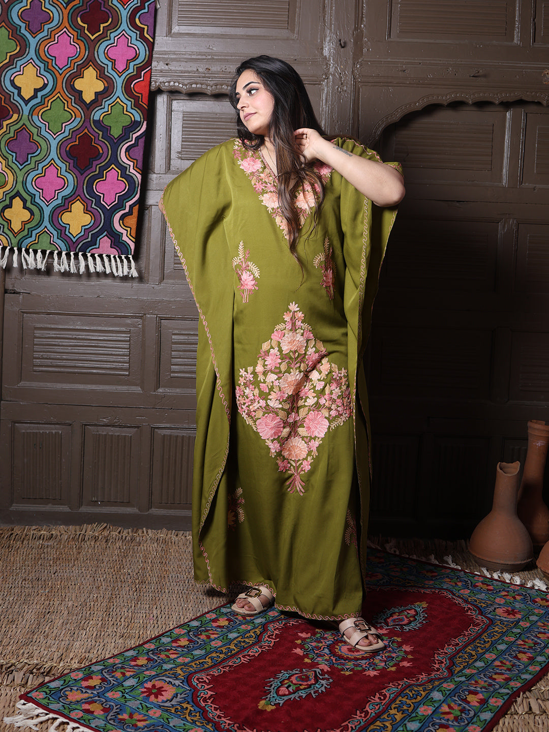 Olive Green Silk Crepe Kaftan with Pink Aari Bouquet
