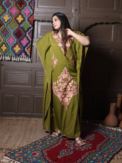 Olive Green Silk Crepe Kaftan with Pink Aari Bouquet