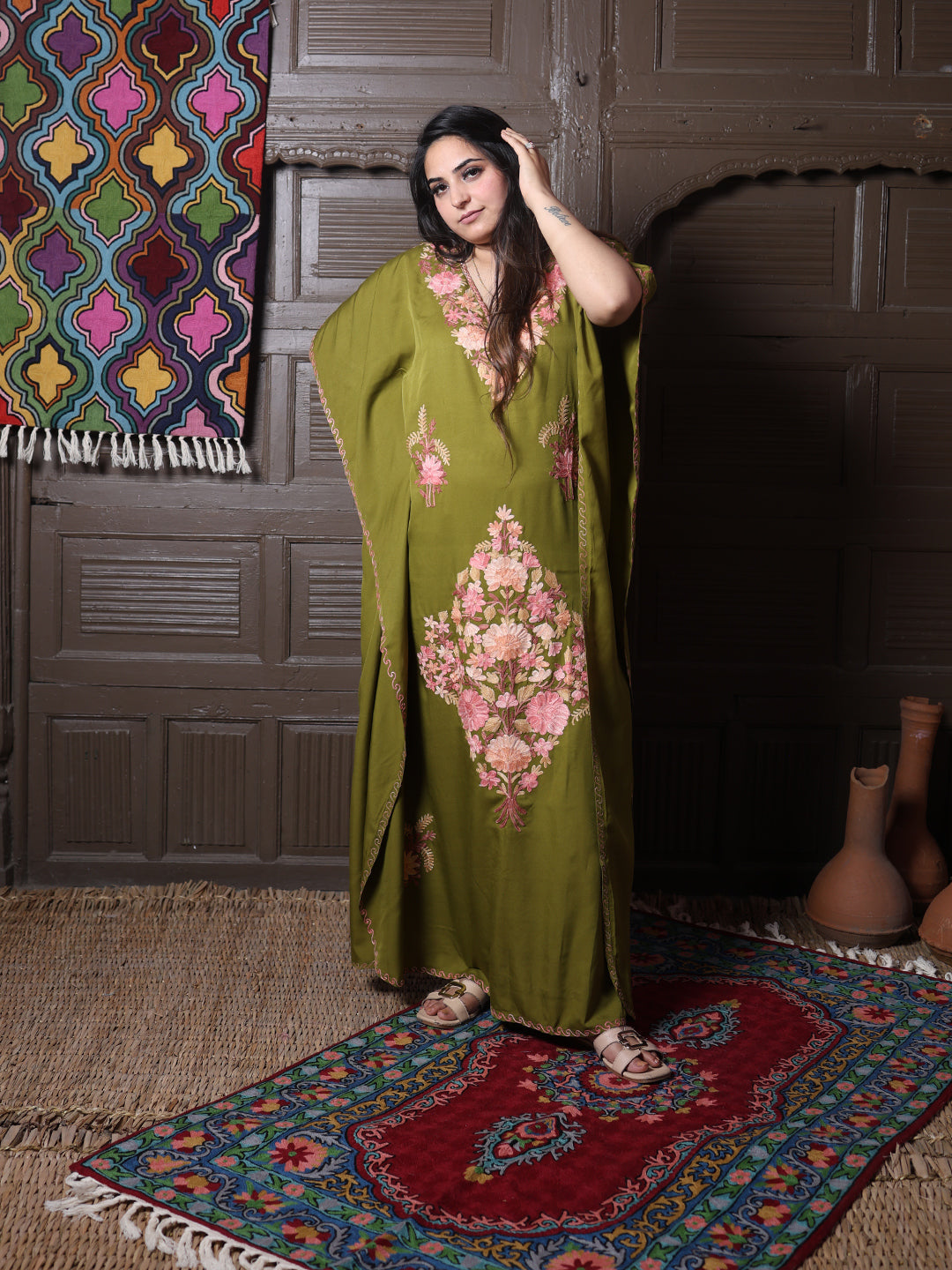 Olive Green Silk Crepe Kaftan with Pink Aari Bouquet