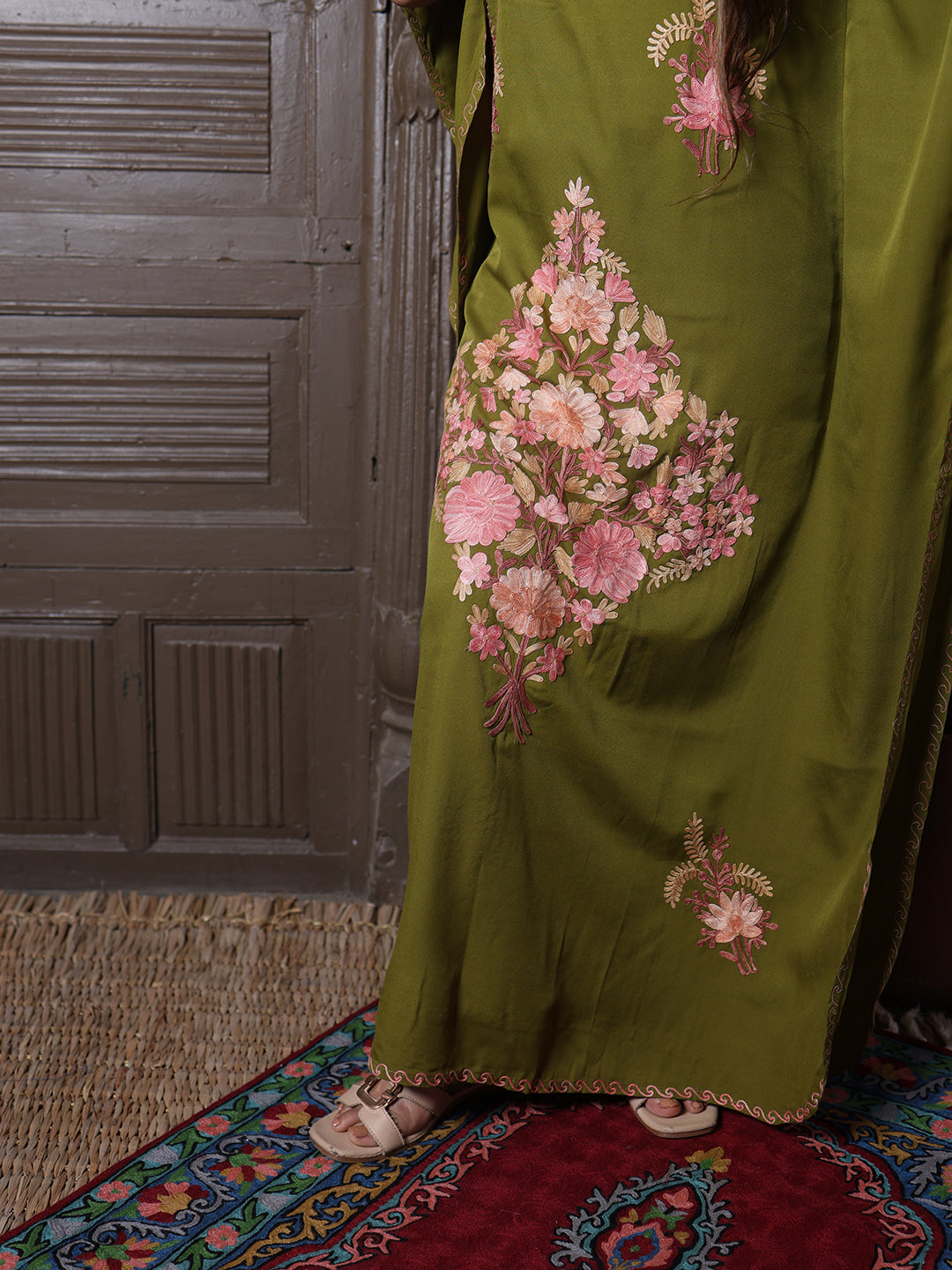 Olive Green Silk Crepe Kaftan with Pink Aari Bouquet