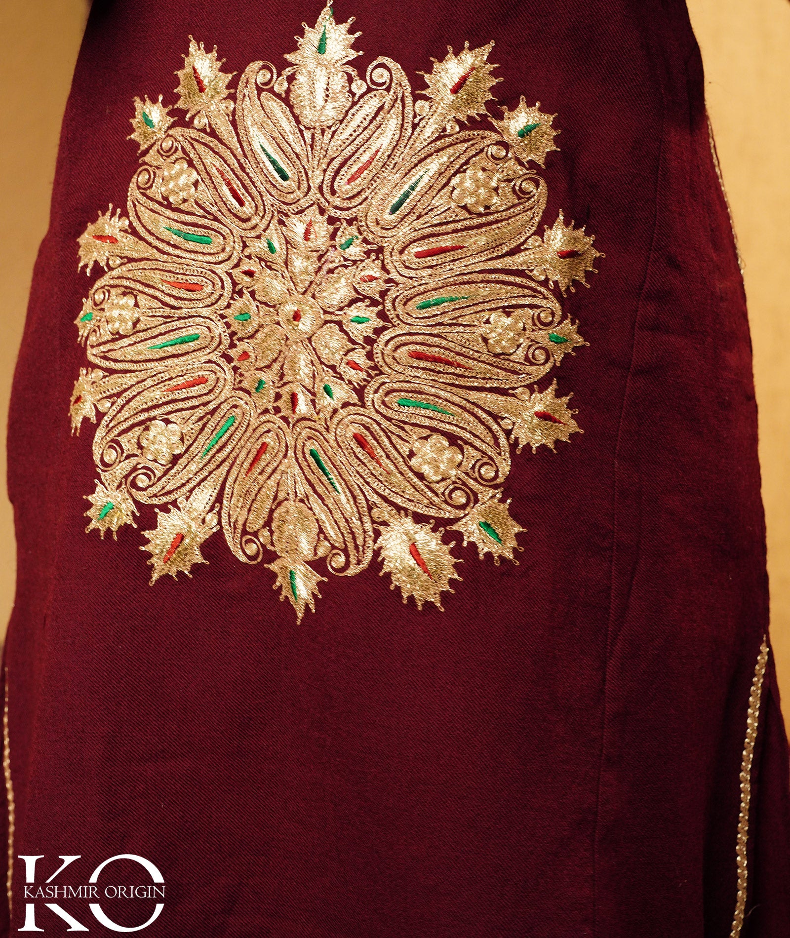 Plum Tilla Embroidered Pure kashmiri Woolen Pheran