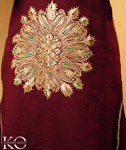 Plum Tilla Embroidered Pure kashmiri Woolen Pheran