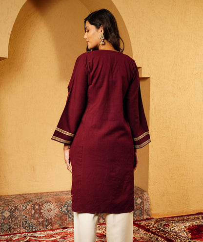 Plum Tilla Embroidered Pure kashmiri Woolen Pheran
