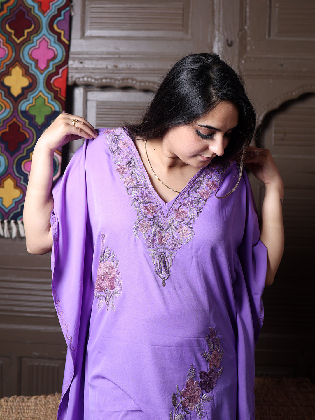 Lavender Aari Embroidered Silk Kaftan