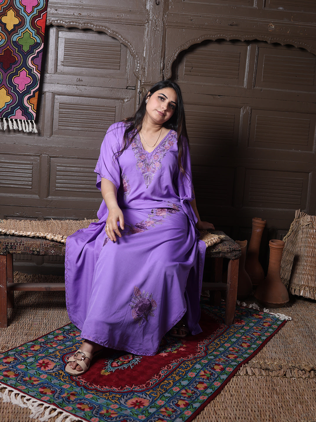 Lavender Aari Embroidered Silk Kaftan