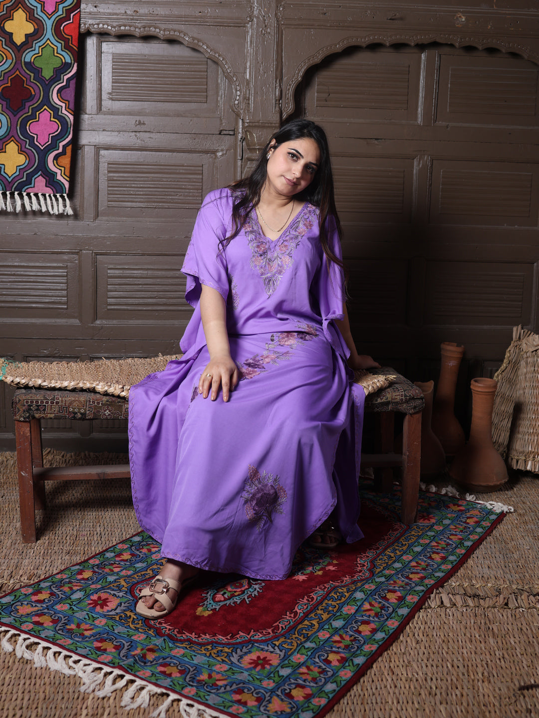 Lavender Aari Embroidered Silk Kaftan