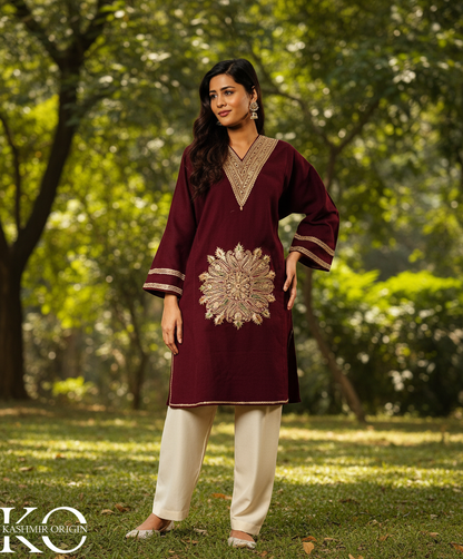 Plum Tilla Embroidered Pure kashmiri Woolen Pheran