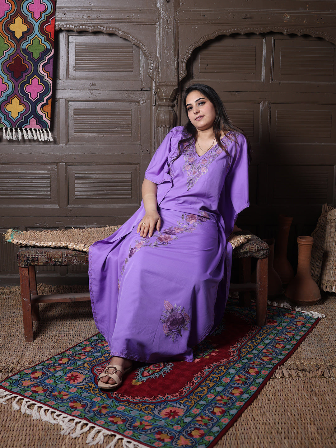 Lavender Aari Embroidered Silk Kaftan