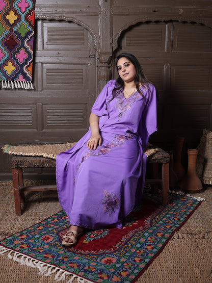 Lavender Aari Embroidered Silk Kaftan