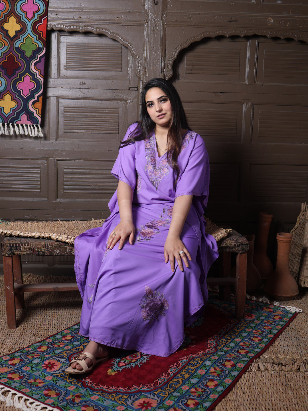 Lavender Aari Embroidered Silk Kaftan