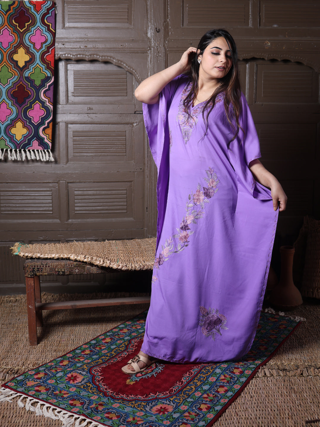 Lavender Aari Embroidered Silk Kaftan