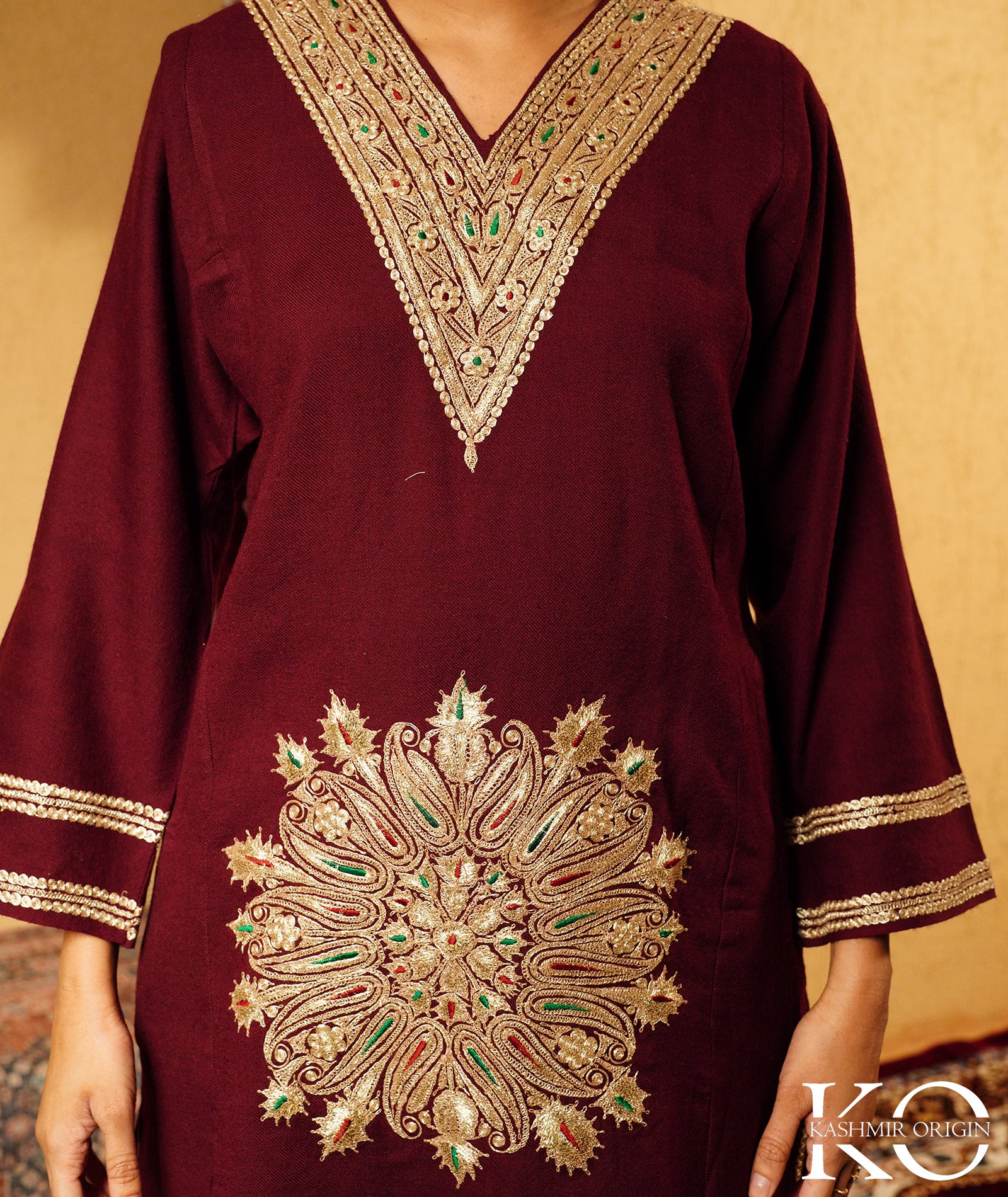 Plum Tilla Embroidered Pure kashmiri Woolen Pheran