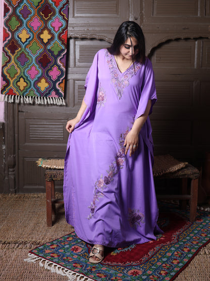Lavender Aari Embroidered Silk Kaftan
