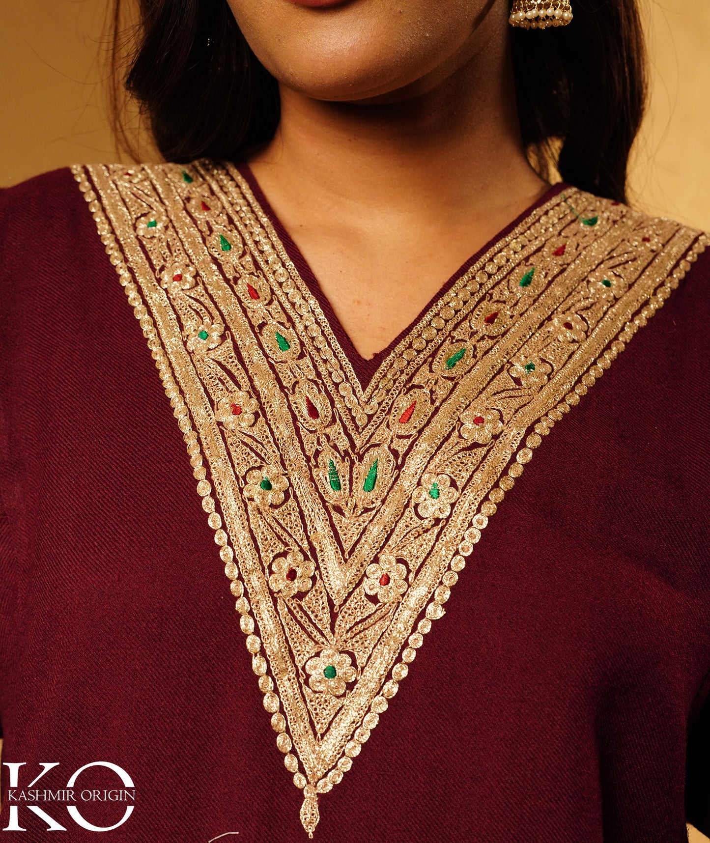 Plum Tilla Embroidered Pure kashmiri Woolen Pheran