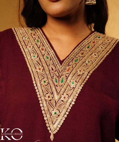 Plum Tilla Embroidered Pure kashmiri Woolen Pheran