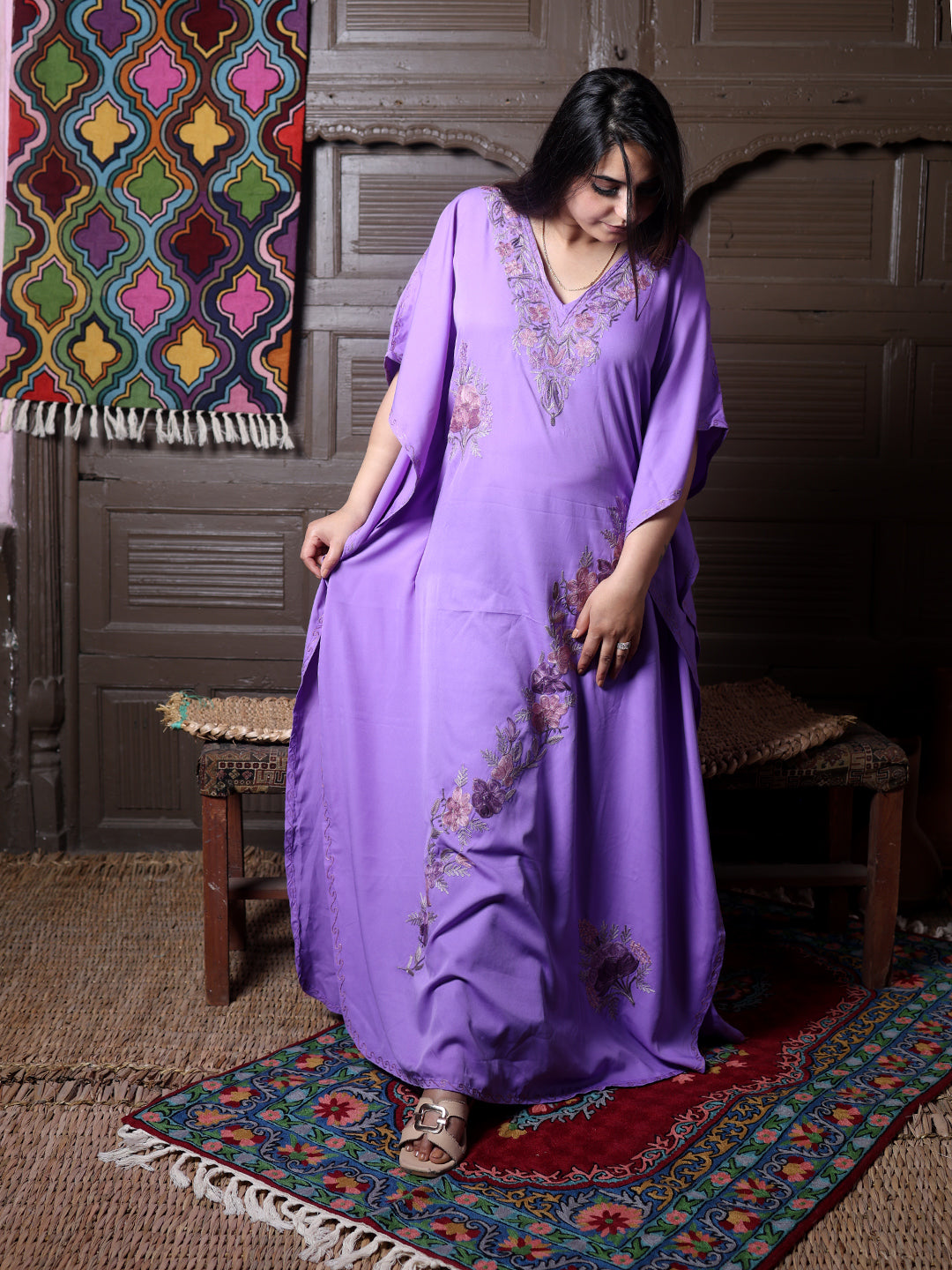 Lavender Aari Embroidered Silk Kaftan