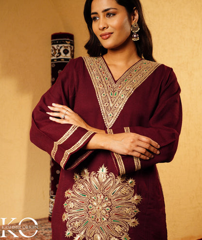 Plum Tilla Embroidered Pure kashmiri Woolen Pheran