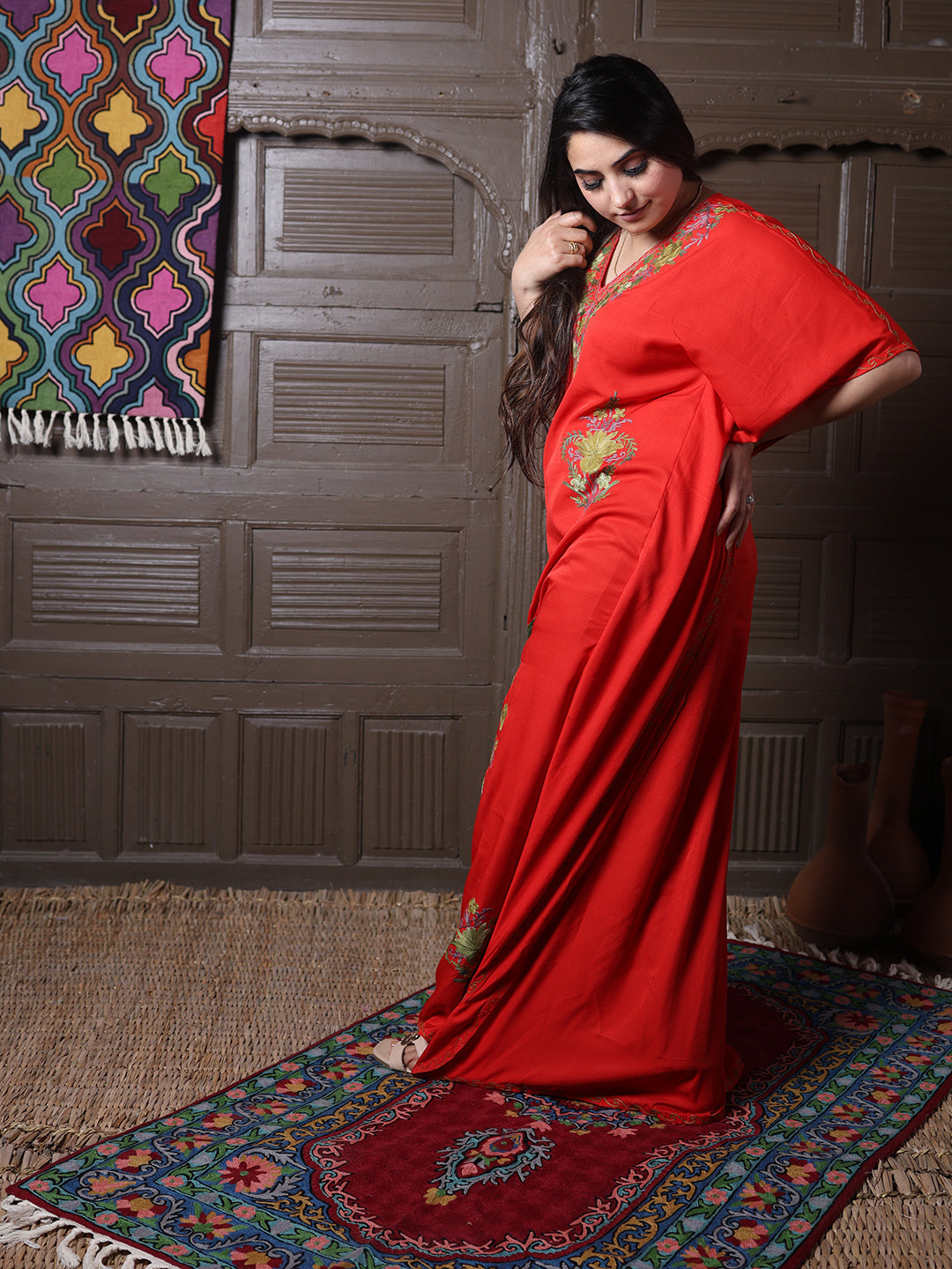 Scarlet Red Cotton Silk Kaftan with Green Aari Florals