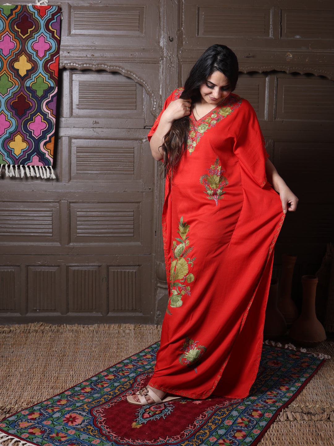 Scarlet Red Cotton Silk Kaftan with Green Aari Florals