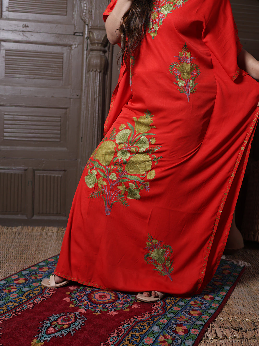 Scarlet Red Cotton Silk Kaftan with Green Aari Florals