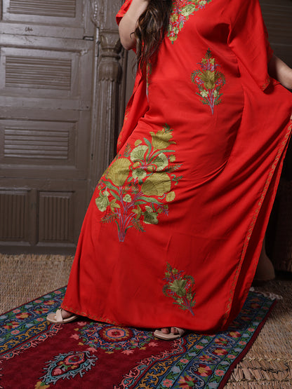 Scarlet Red Cotton Silk Kaftan with Green Aari Florals