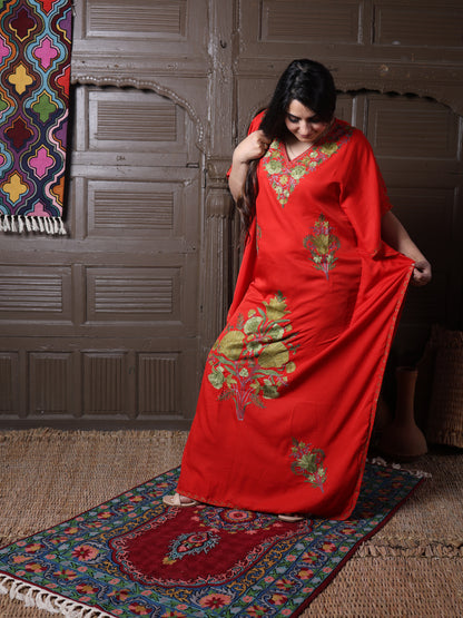 Scarlet Red Cotton Silk Kaftan with Green Aari Florals