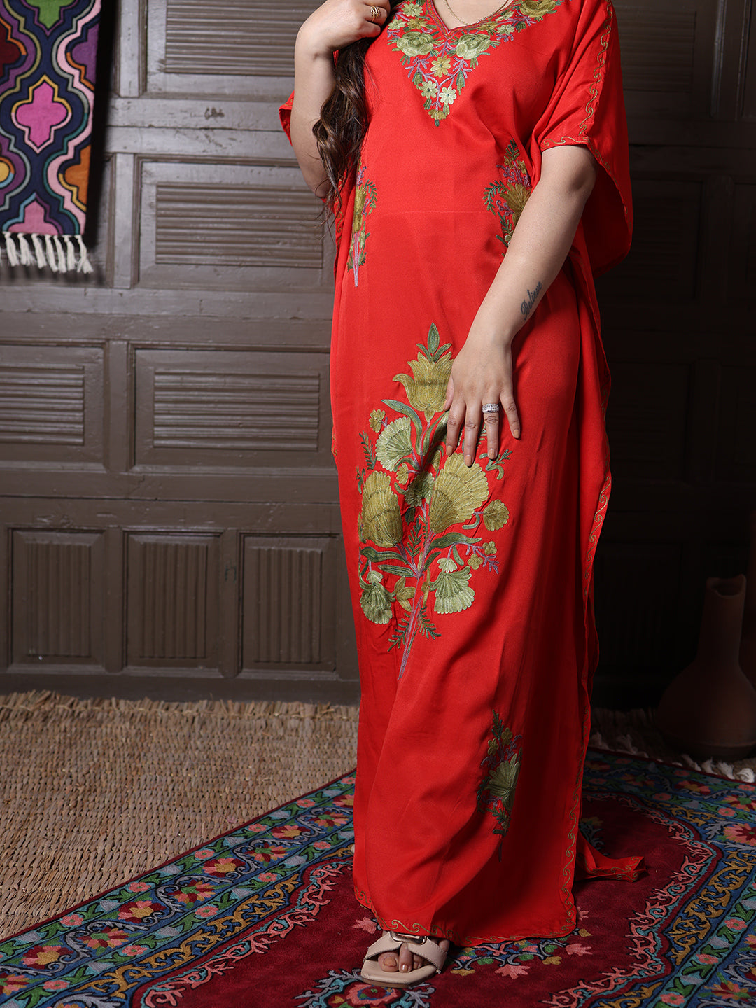 Scarlet Red Cotton Silk Kaftan with Green Aari Florals
