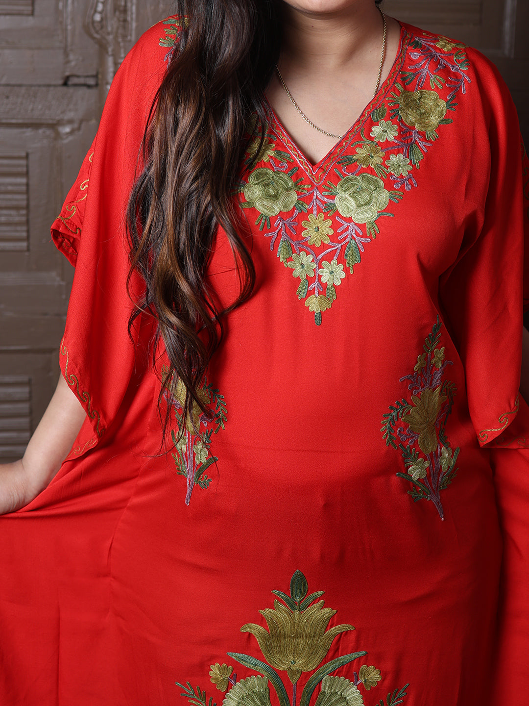 Scarlet Red Cotton Silk Kaftan with Green Aari Florals