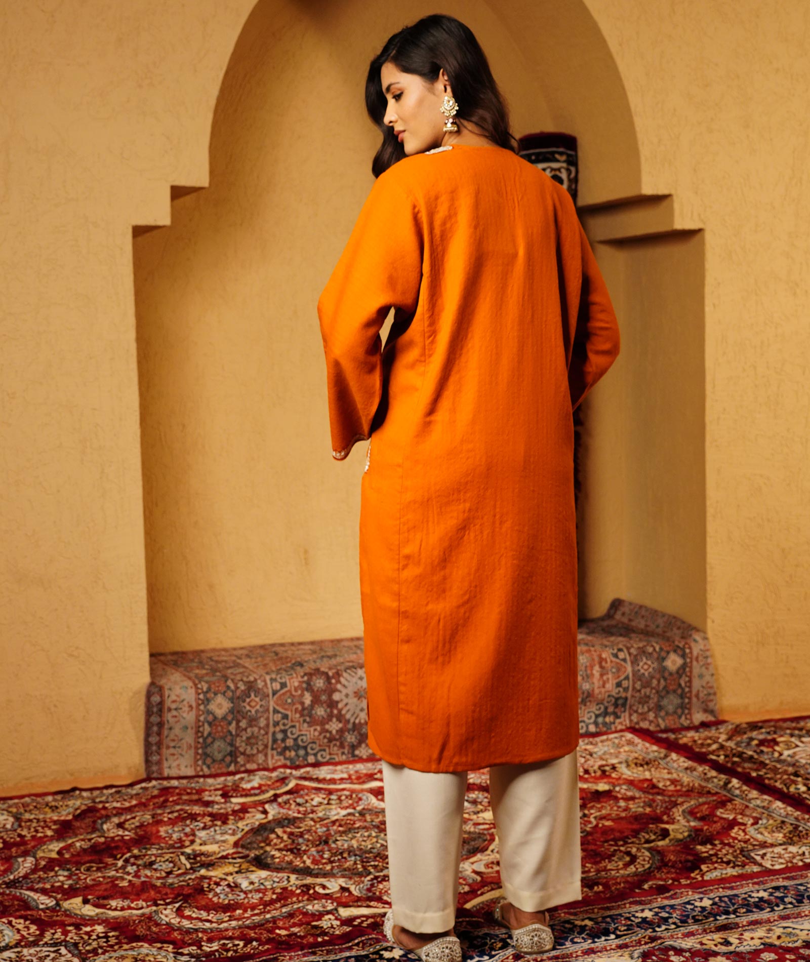 Burnt Orange Tilla Embroidered Pure Kashmiri Woolen Pheran