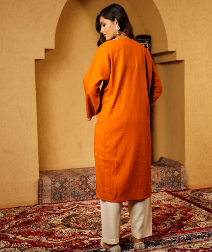 Burnt Orange Tilla Embroidered Pure Kashmiri Woolen Pheran
