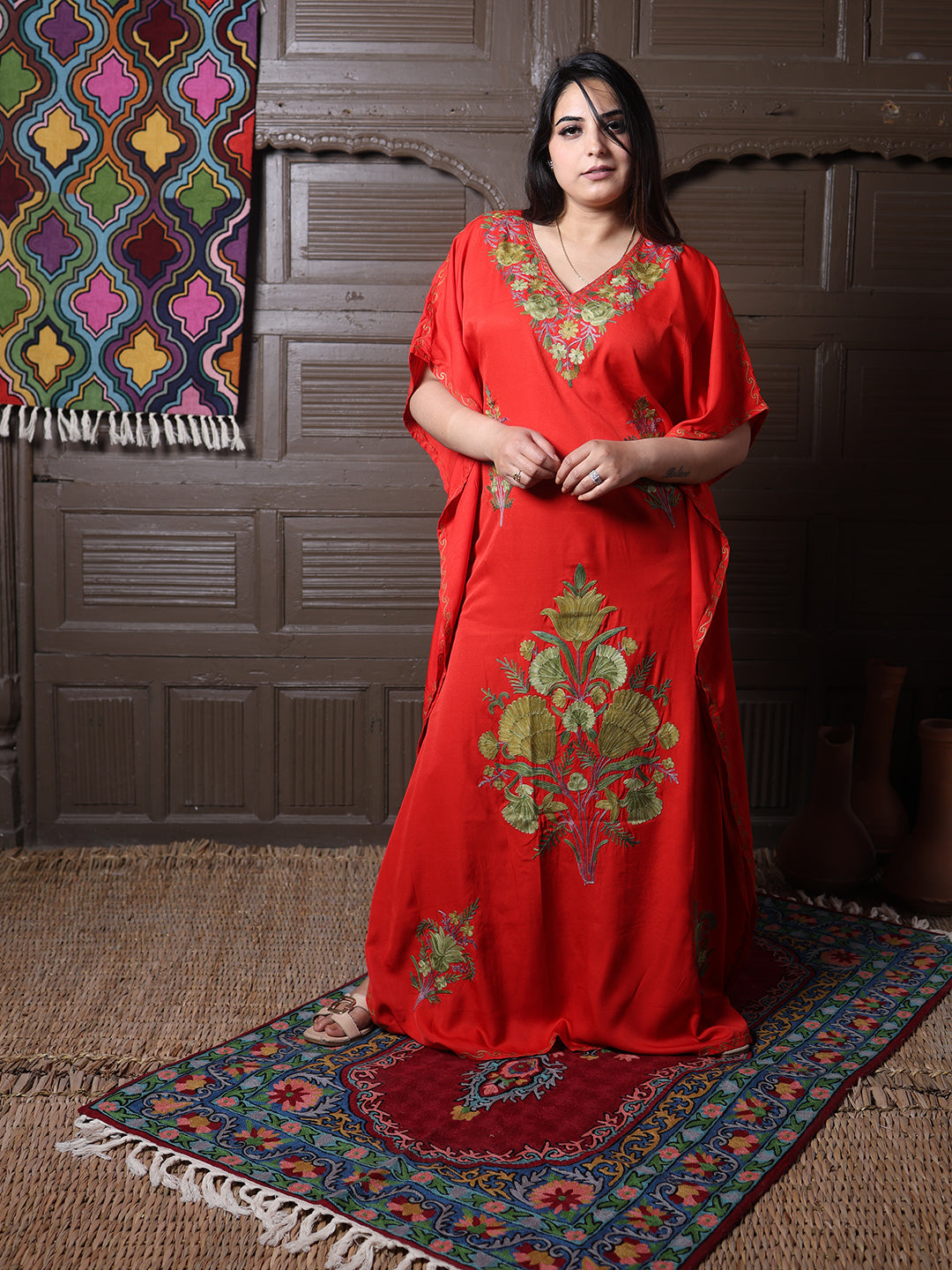 Scarlet Red Cotton Silk Kaftan with Green Aari Florals