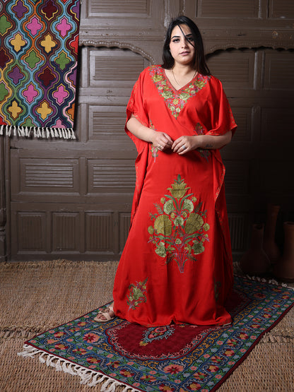 Scarlet Red Cotton Silk Kaftan with Green Aari Florals