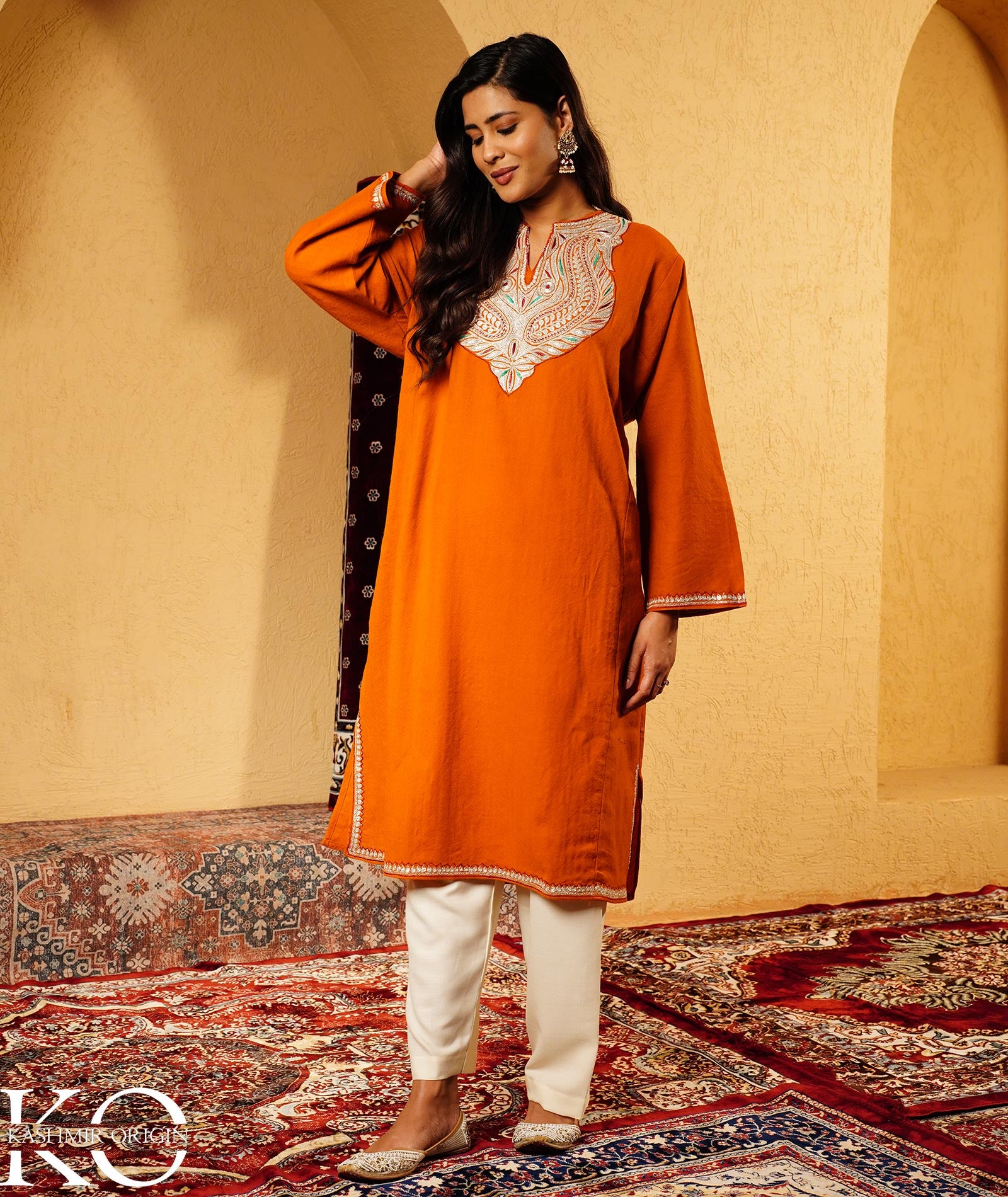 Burnt Orange Tilla Embroidered Pure Kashmiri Woolen Pheran