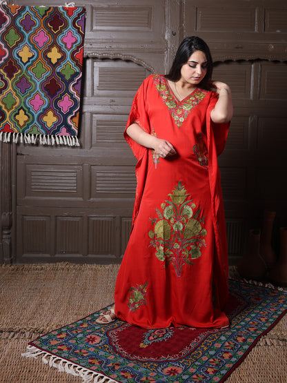 Scarlet Red Cotton Silk Kaftan with Green Aari Florals